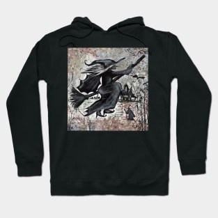 Creepy black and white scary Halloween witch on a broom Hoodie